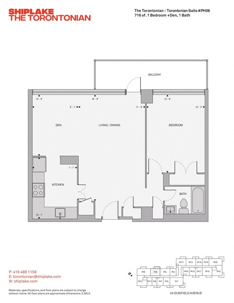 Floor plan for 1 bed, 1 bath, 716 sqft